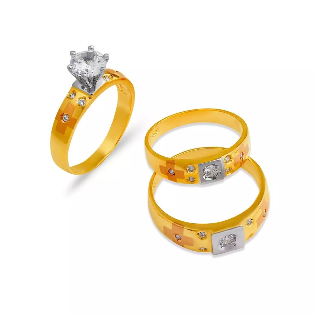NEW 14K TRI COLOR GOLD WEDDING TRIO RING SET: NEW 14K YELLOW GOLD WEDDING TRIO RING SET 14K Tri Color Gold Ladies band and engagement ring is size 7 Men's ring is size 10 Rings Also Sold Separately Available in White Gold Weight: 7.4 Grams