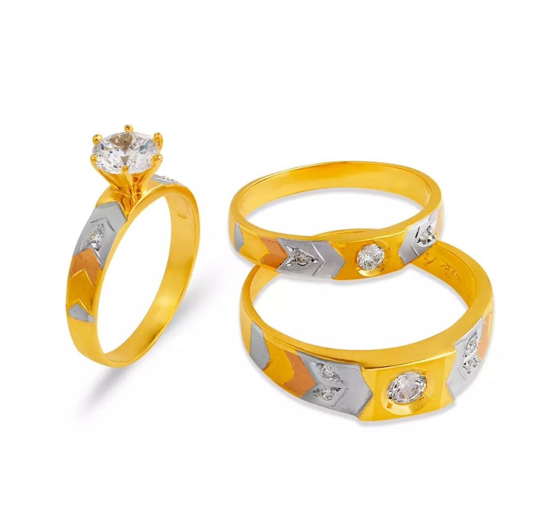 NEW 14K TRI COLOR GOLD WEDDING TRIO RING SET: NEW 14K TRI COLOR GOLD WEDDING TRIO RING SET 14K Tricolor Gold Ladies band and engagement ring is size 7 Men's ring is size 10 Rings Also Sold Separately Available in White Gold Weight: 8.0 Grams