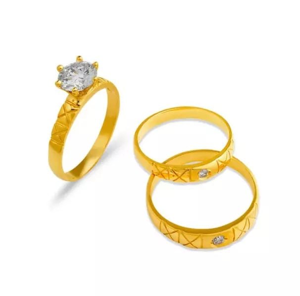 NEW 14K YELLOW GOLD WEDDING TRIO RING SET: NEW 14K YELLOW GOLD WEDDING TRIO RING SET 14K Yellow Gold Ladies band and engagement ring is size 7 Men's ring is size 10 Rings Also Sold Separately Weight: 6.6 Grams