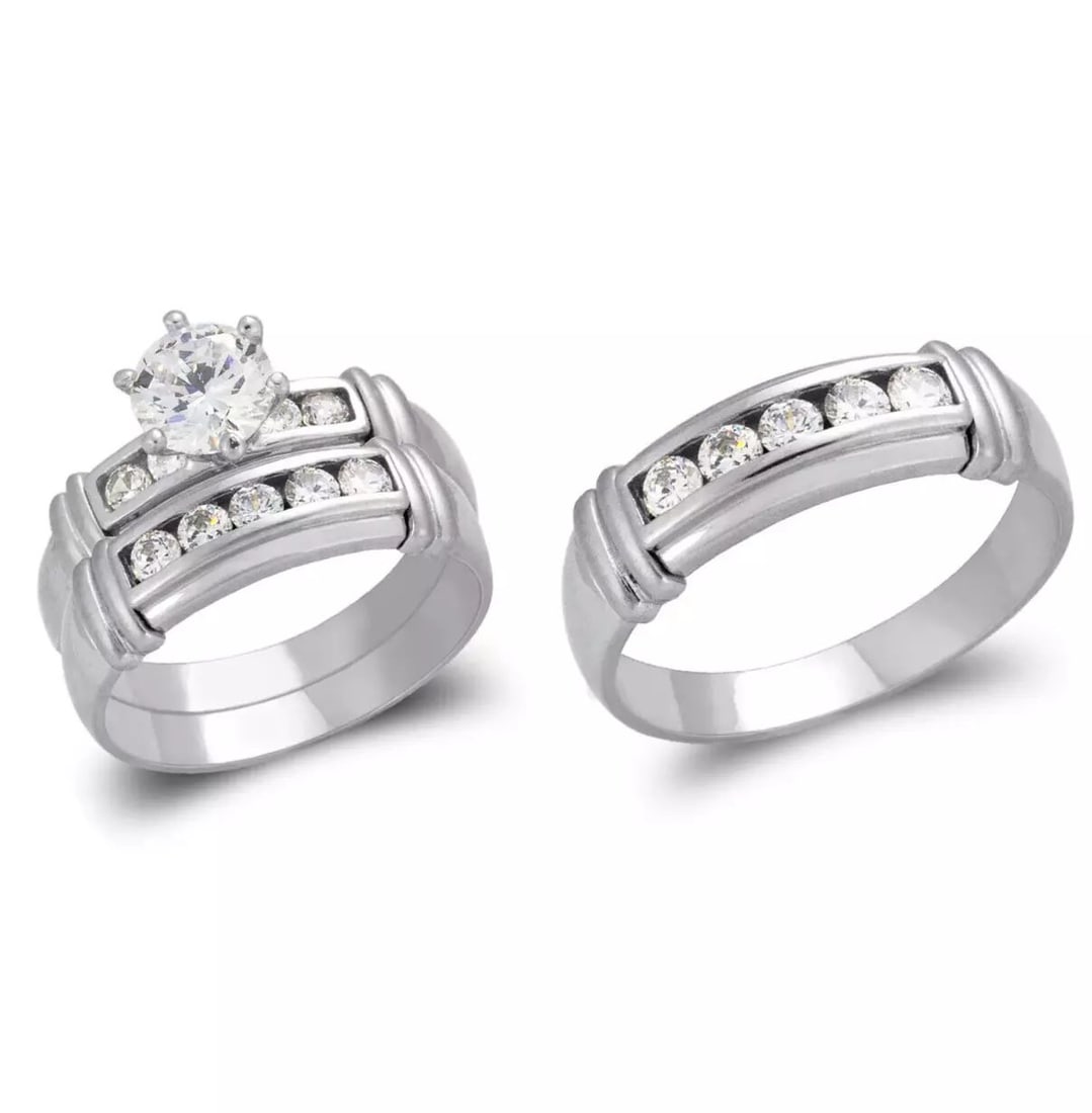 NEW 14K WHITE GOLD WEDDING TRIO RING SET: NEW 14K WHITE GOLD WEDDING TRIO RING SET 14K White Gold Ladies band and engagement ring is size 7 Men's ring is size 10 Rings Also Sold Separately Available in Yellow and Tricolor Gold Weight: 8.0 Gra
