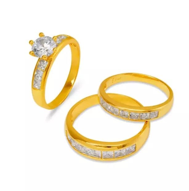 NEW 14K YELLOW GOLD WEDDING TRIO RING SET: NEW 14K YELLOW GOLD WEDDING TRIO RING SET 14K Yellow Gold Ladies band and engagement ring is size 7 Men's ring is size 10 Rings Also Sold Separately Available in White Gold Weight: 9.2 Grams