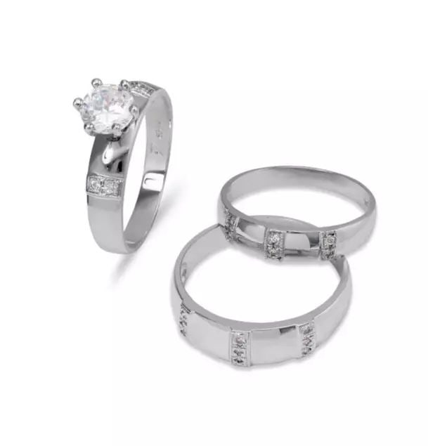 NEW 14K WHITE GOLD WEDDING TRIO RING SET (1 of 2)