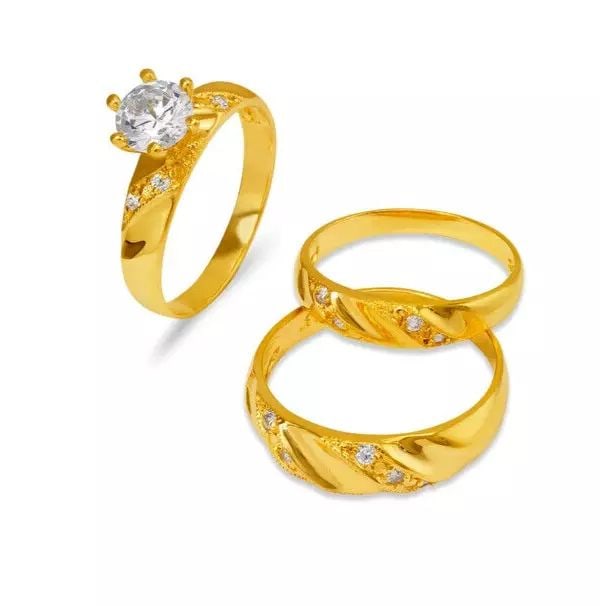 NEW 14K YELLOW GOLD WEDDING TRIO RING SET: NEW 14K YELLOW GOLD WEDDING TRIO RING SET 14K Yellow Gold Ladies band and engagement ring is size 7 Men's ring is size 10 Rings Also Sold Separately Available in White Gold Weight: 7.6 Grams