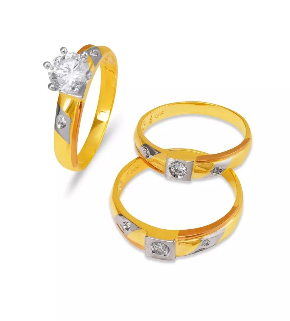 NEW 14K TRI COLOR GOLD WEDDING TRIO RING SET: NEW 14K TRI COLOR GOLD WEDDING TRIO RING SET 14K Tricolor Gold Ladies band and engagement ring is size 7 Men's ring is size 10 Rings Also Sold Separately Weight: 8.8 Grams