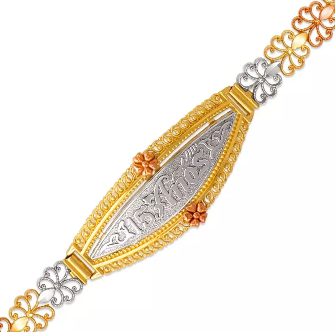 NEW 14K TRI COLOR GOLD DIAMOND CUT FACETED BRACELET 9 mm: NEW 14K TRI COLOR GOLD DIAMOND CUT FACETED BRACELET 9 mm 14K Tricolor Gold Approx. 7mm Wide, 17mm Center High Polished/Diamond Cut Lobster lock Length : 7" Inch Weight: 9.5 Grams