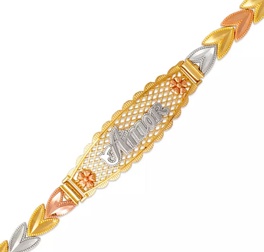 NEW 14K TRI COLOR GOLD FACETED DIAMOND CUT AMOR ID BRACELET 6 mm: NEW 14K TRI COLOR GOLD FACETED DIAMOND CUT AMOR ID BRACELET 6 mm 14K Two Tone Gold Approx. 120 Gauge (5mm Wide) High Polished Lobster Lock Available in Yellow Gold Length : 7" Inch Weight: 8.7 Grams
