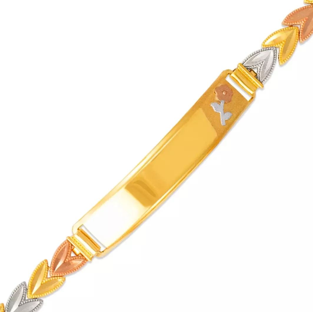 NEW 14K TRI COLOR GOLD FACETED DIAMOND CUT ID BRACELET 6 mm: NEW 14K TRI COLOR GOLD FACETED DIAMOND CUT ID BRACELET 6 mm 14K Tricolor Gold Approx. 6mm Wide, 8mm Center High Polished/Diamond Cut Lobster lock Length : 7" Inch Weight: 8.1 Grams