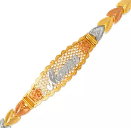NEW 14K TRI COLOR GOLD FACETED DIAMOND CUT MAMA ID BRACELET 6mm: NEW 14K TRI COLOR GOLD FACETED DIAMOND CUT MAMA ID BRACELET 6mm 14K Tricolor Gold Approx. 6mm Wide, 12mm Center High Polished/Diamond Cut Lobster lock Length : 7" Inch Weight: 9.4 Grams