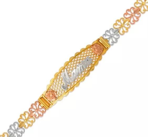 NEW 14K TRI COLOR GOLD FACETED DIAMOND CUT MAMA ID BRACELET 7 mm: NEW 14K TRI COLOR GOLD FACETED DIAMOND CUT MAMA ID BRACELET 7 mm 14K Tricolor Gold Approx. 7mm Wide, 12mm Center High Polished/Diamond Cut Lobster lock Length : 7" Inch Weight: 8.8 Grams