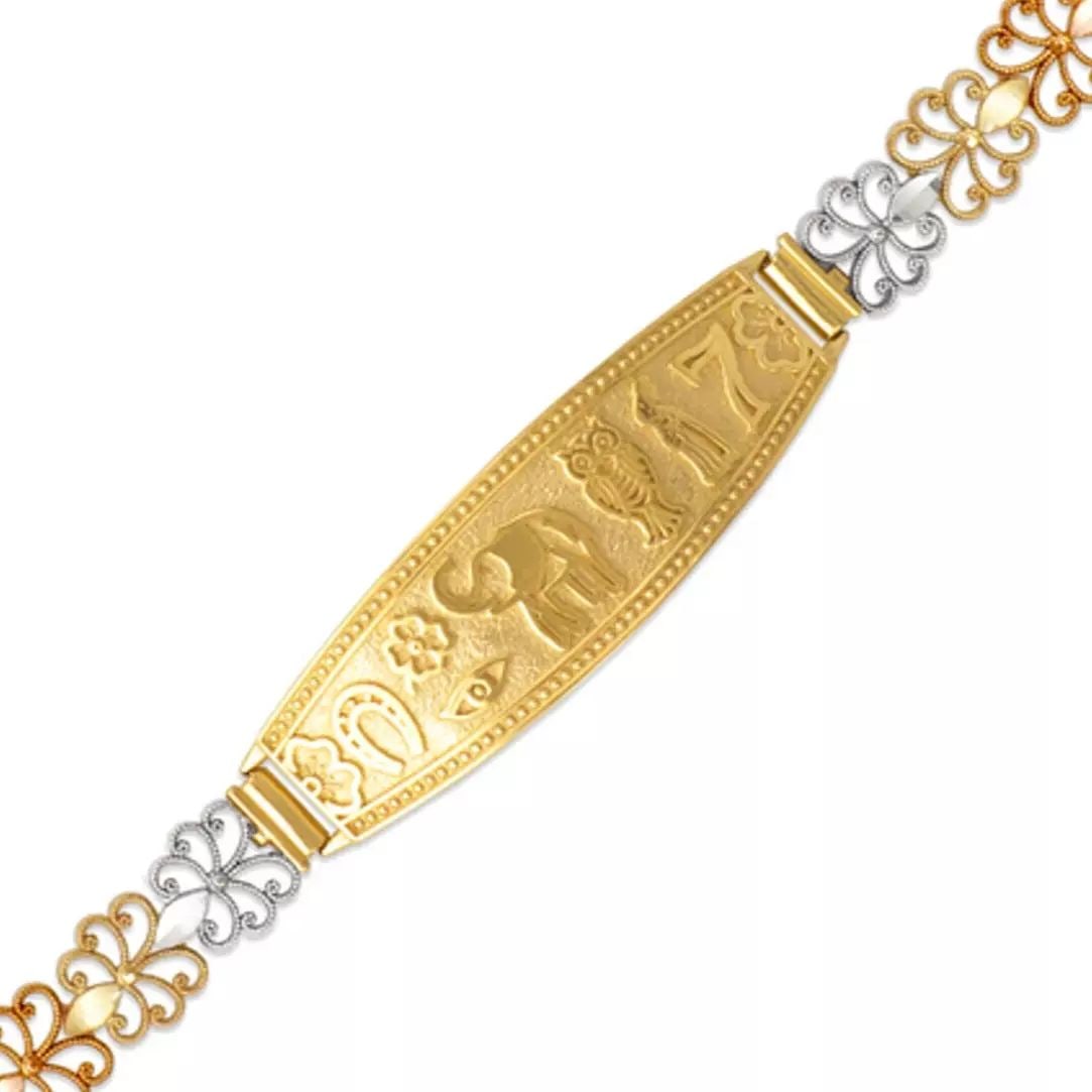 NEW 14K TRI COLOR GOLD FACETED DIAMOND CUT GOOD LUCK ID BRACELET: NEW 14K TRI COLOR GOLD FACETED DIAMOND CUT GOOD LUCK ID BRACELET 14K Tricolor Gold Approx. 7mm Wide, 12mm Center High Polished/Diamond Cut Lobster lock Length : 7" Inch Weight: 9.1 Grams