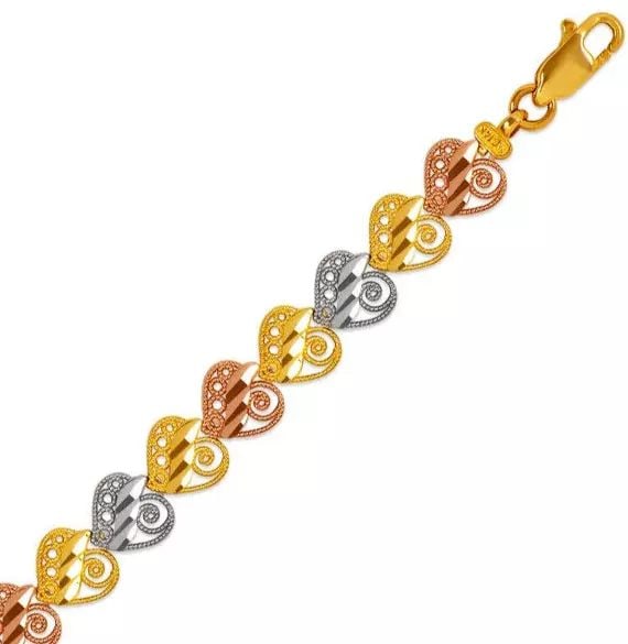 NEW 14K TRI COLOR GOLD FACETED DIAMOND CUT BRACELET 8mm: NEW 14K TRI COLOR GOLD FACETED DIAMOND CUT BRACELET 8mm 14K Tricolor Gold Approx. 8mm Wide High Polished/Diamond Cut Lobster Lock Length : 7" Inch Weight: 6.3 Grams