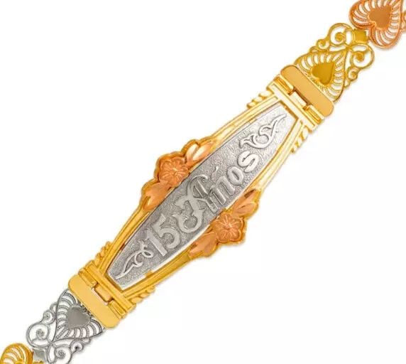 NEW 14K TRI COLOR GOLD DIAMOND CUT FACETED BRACELET 9 mm: NEW 14K TRI COLOR GOLD DIAMOND CUT FACETED BRACELET 9 mm 14K Tricolor Gold Approx. 9mm Wide, 18mm Center High Polished/Diamond Cut Box Clasp Length : 7" Inch Weight: 11.7 Grams