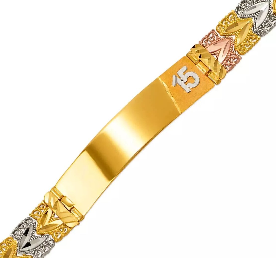 NEW 14K TRI COLOR GOLD FACETED DIAMOND CUT ID BRACELET 10 mm: NEW 14K TRI COLOR GOLD FACETED DIAMOND CUT ID BRACELET 10 mm 14K Tricolor Gold Approx. ID: 10mm, Bracelet 10mm High Polished/Diamond Cut Lobster lock Length : 7" Inch Weight: 14.2 Grams