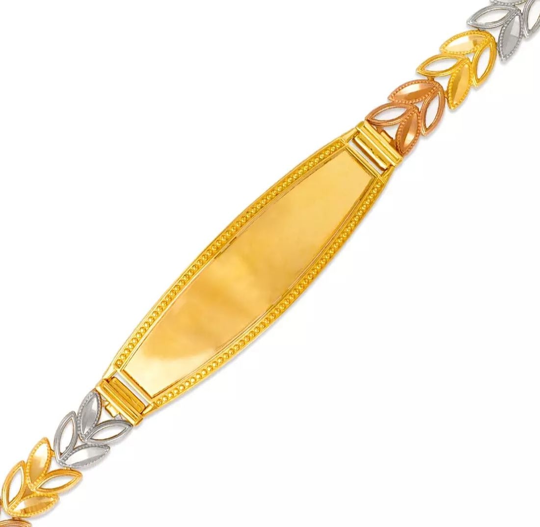 NEW 14K TRI COLOR GOLD FACETED DIAMOND CUT BRACELET: NEW 14K TRI COLOR GOLD FACETED DIAMOND CUT BRACELET 14K Tricolor Gold Approx. 6mm Wide, 11mm Center High Polished/Diamond Cut Lobster lock Length : 7" Inch Weight: 10.6 Grams