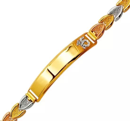 NEW 14K TRI COLOR GOLD FACETED DIAMOND CUT 15 ANOS ID BRACELET6 mm: NEW 14K TRI COLOR GOLD FACETED DIAMOND CUT 15 ANOS ID BRACELET6 mm 14K Tricolor Gold Approx. ID: 6mm, Bracelet: 8mm High Polished/Diamond Cut Lobster lock Length : 7" Inch Weight: 6.9 Grams
