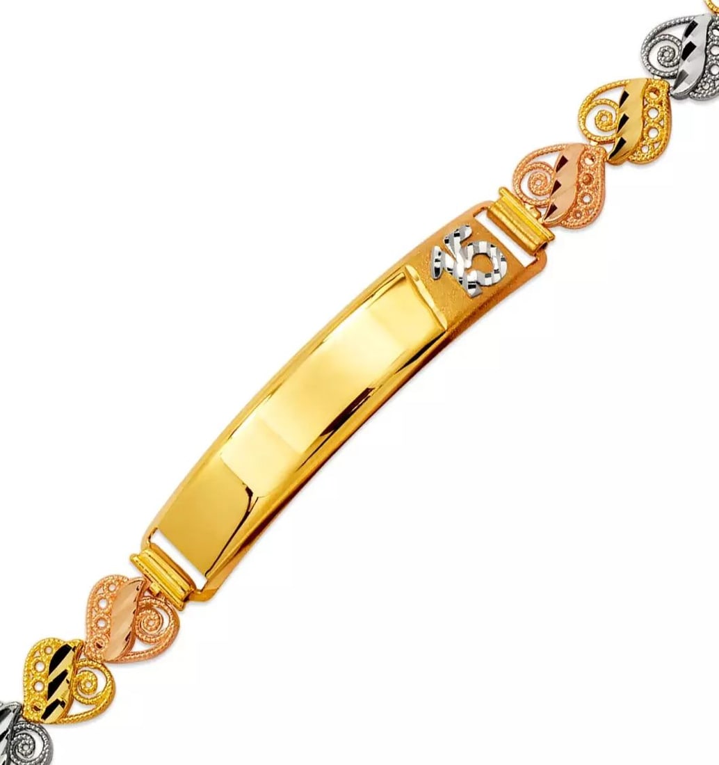 NEW 14K TRI COLOR GOLD FACETED DIAMOND CUT 15 ANOS ID BRACELET8 mm: NEW 14K TRI COLOR GOLD FACETED DIAMOND CUT 15 ANOS ID BRACELET8 mm 14K Tricolor Gold Approx. ID: 8mm, Bracelet: 8mm High Polished/Diamond Cut Lobster lock Length : 7" Inch Weight: 7.2 Grams