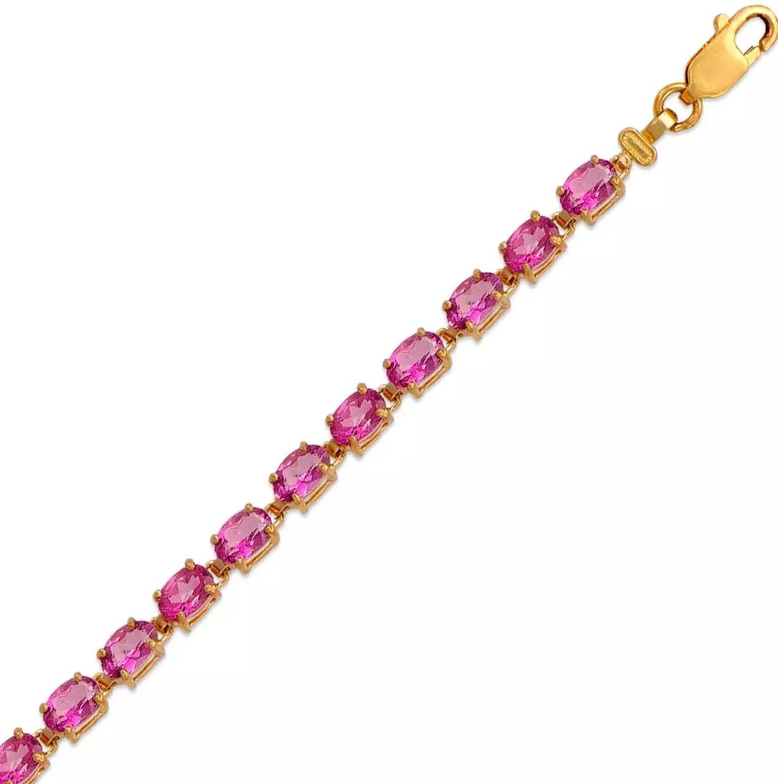 NEW 14K YELLOW GOLD MYSTIC TOPAZ BRACELET: NEW 14K YELLOW GOLD MYSTIC TOPAZ BRACELET 14K Yellow Gold Pink Cubic Zirconia Lobster lock Length : 7" Inch Weight: 8.4 Grams