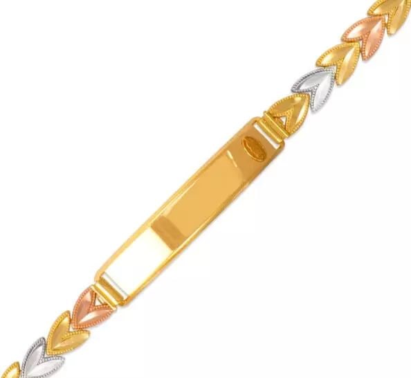 NEW 14K TRI COLOR GOLD FACETED CUT 15 ANOS ID BRACELET 6mm: NEW 14K TRI COLOR GOLD FACETED CUT 15 ANOS ID BRACELET 6mm 14K Tricolor Gold Approx. 6mm Wide, 8mm Center High Polished/Diamond Cut Lobster lock Length : 7" Inch Weight: 8.9 Grams