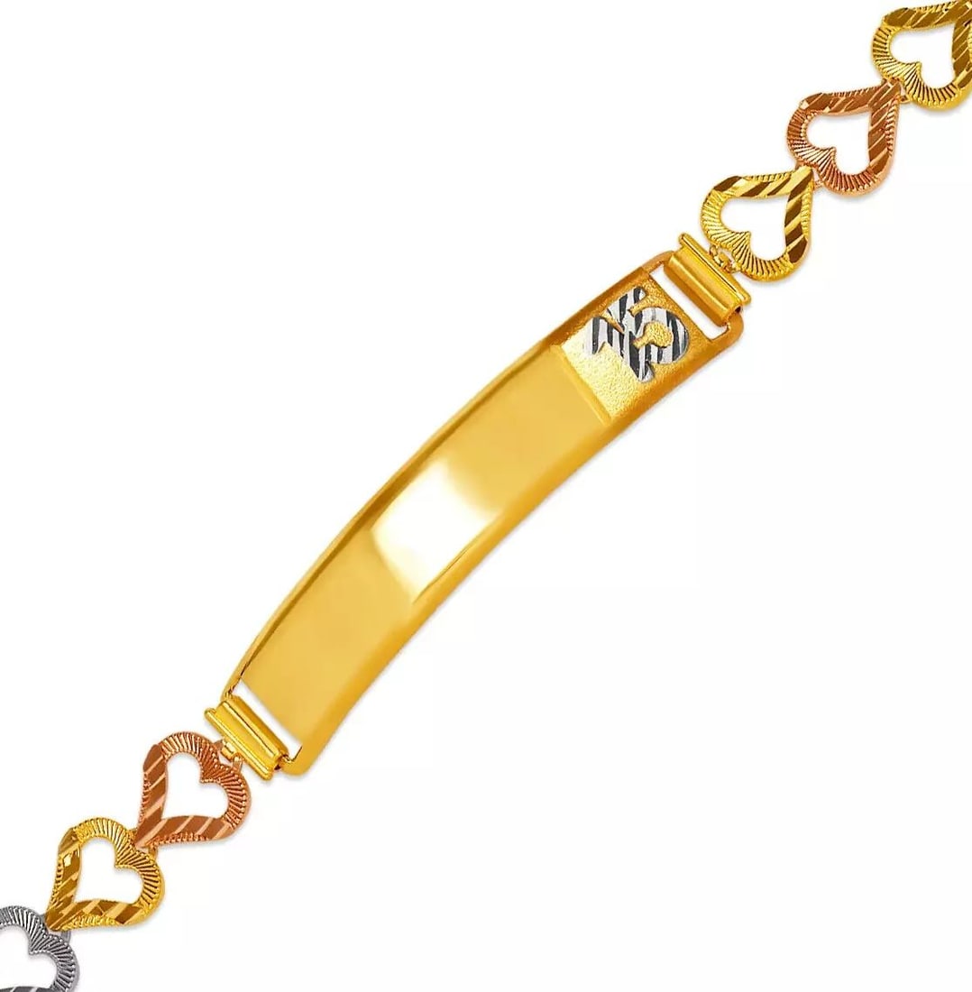 NEW 14K TRI COLOR GOLD FACETED DIAMOND CUT 15 ANOS ID BRACELET 7.5 mm: NEW 14K TRI COLOR GOLD FACETED DIAMOND CUT 15 ANOS ID BRACELET 7.5 mm 14K Tricolor Gold Approx. 7.5mm Wide, 8mm Center High Polished/Diamond Cut Lobster lock Length : 7" Inch Weight: 6.0 Grams