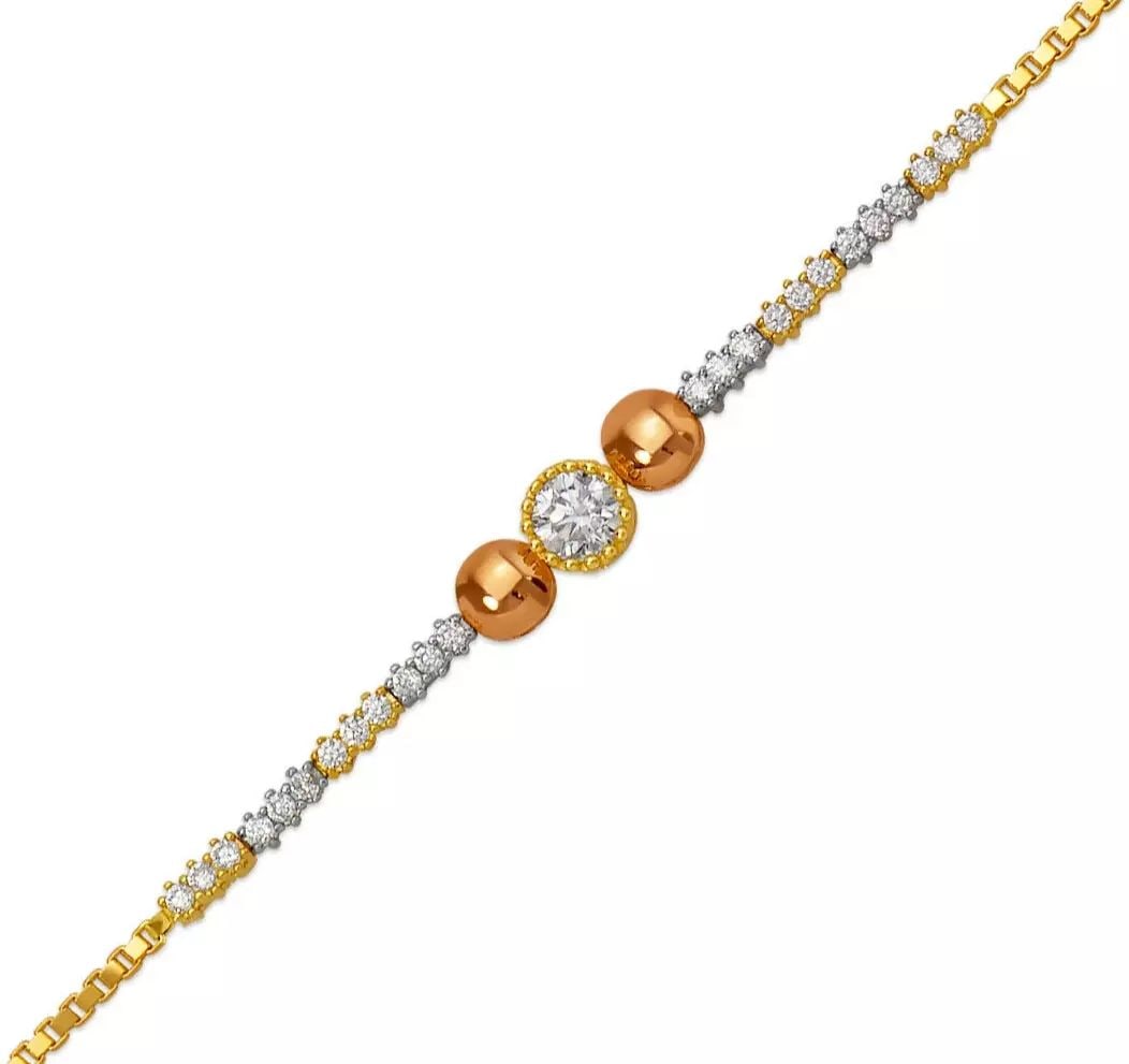 NEW 14K TRICOLOR GOLD LADIES HIGH POLISHED CZ BRACELET: NEW 14K TRICOLOR GOLD LADIES HIGH POLISHED CZ BRACELET 14K Tricolor Gold Approx. 6.0mm Center, 1.0mm Bracelet High Polished Cubic Zirconia Lobster Lock Length : 7" Inch Weight: 3.8 Gr