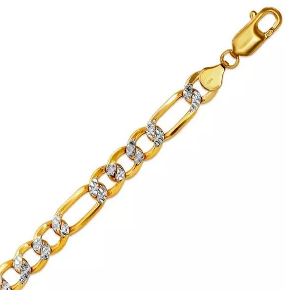 NEW 14K TWO TONE GOLD HOLLOW FIGARO WHITE PAVE BRACELET 7mm: NEW 14K TWO TONE GOLD HOLLOW FIGARO WHITE PAVE BRACELET 7mm 14K Two Tone Gold Approx. 180 Gauge (7mm Wide) High Polished Lobster Lock Available in Yellow Gold Length : 8" Inch Weight: 9.4 Grams