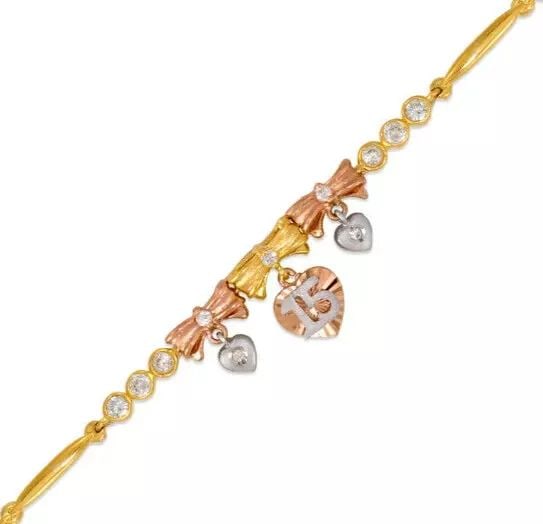 NEW 14K TRI COLOR GOLD FANCY 15 ANOS CZ BRACELET 2mm: NEW 14K TRI COLOR GOLD FANCY 15 ANOS CZ BRACELET 2mm 14K Tricolor Gold Approx. 2mm Wide, 13mm Center High Polished/Satin Finished/Cubic Zirconia Available in Yellow and White Gold H-Clasp Length : 7"