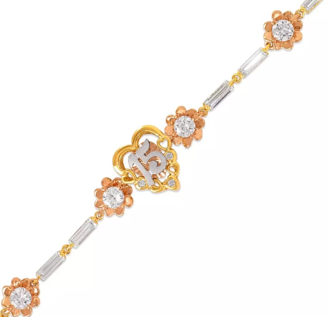 NEW 14K TRI COLOR GOLD HOLLOW FANCY 15 ANOS CZ BRACELET: NEW 14K TRI COLOR GOLD HOLLOW FANCY 15 ANOS CZ BRACELET www.safeglassware.com Length : 7" Inch Weight: 7.0 Grams