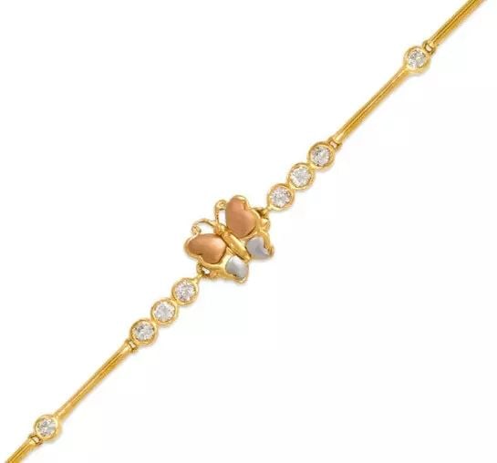 NEW 14K TRI COLOR GOLD FANCY BUTTERFLY CZ BRACELET: NEW 14K TRI COLOR GOLD FANCY BUTTERFLY CZ BRACELET 14K Tricolor Gold Approx. 3mm Wide, 9mm Center High Polished/Satin Finished/Diamond Cut/Cubic Zirconia Available in Yellow and White Gold H-Clasp Len