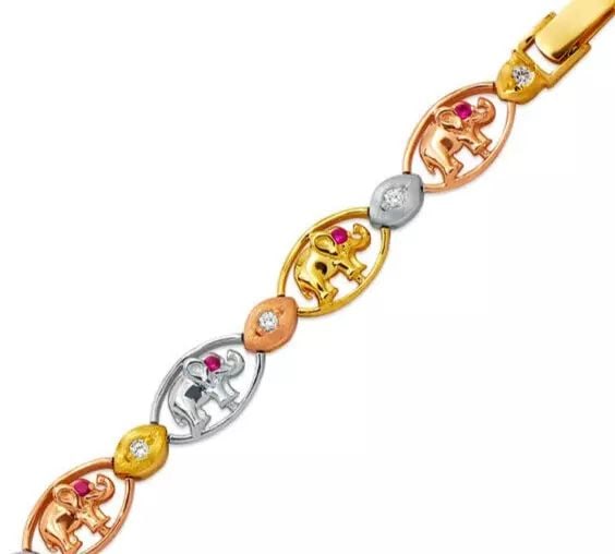 NEW 14K TRI COLOR GOLD FANCY ELEPHANT CZ BRACELET 8mm: NEW 14K TRI COLOR GOLD FANCY ELEPHANT CZ BRACELET 8mm 14K Tricolor Gold Approx. 8mm Wide High Polished/Cubic Zirconia Length : 7" Inch Weight: 14.0 Grams