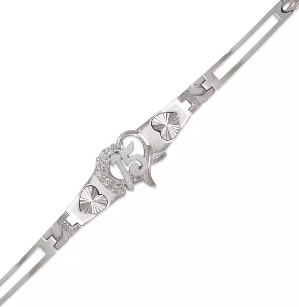 NEW 14KY WHITE GOLD FANCY 15 ANOS CZ BRACELET 12mm: NEW 14KY WHITE GOLD FANCY 15 ANOS CZ BRACELET 12mm 14K White Gold Approx. 3mm Wide, 12mm Center High Polished/Satin Finished/Cubic Zirconia Available in Yellow and Tricolor Gold H-Clasp Length : 7" In