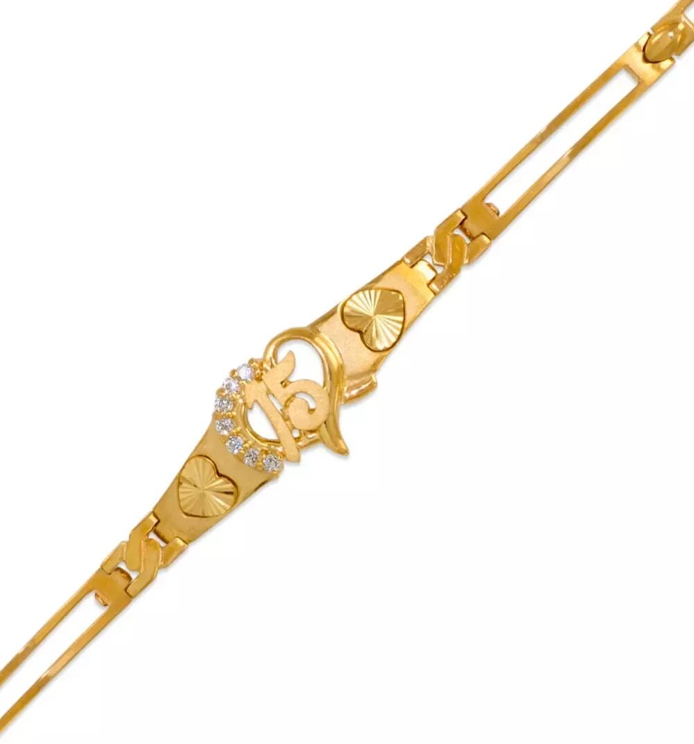 NEW 14KY YELLOW GOLD FANCY 15 ANOS CZ BRACELET 9.2mm: NEW 14KY YELLOW GOLD FANCY 15 ANOS CZ BRACELET 9.2mm 14K Yellow Gold Approx. 3mm Wide, 12mm Center High Polished/Satin Finished/Cubic Zirconia Available in Tricolor and White Gold H-Clasp Length : 7"
