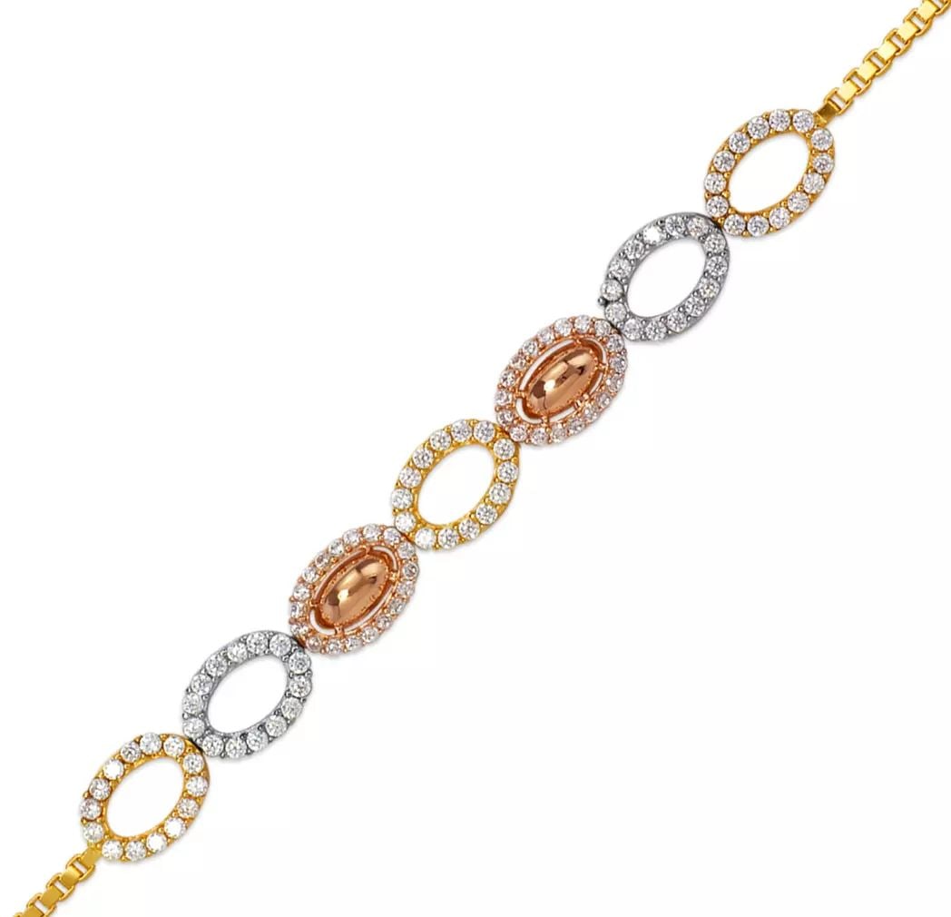 NEW 14K TRICOLOR GOLD LADIES HIGH POLISHED CZ BRACELET 6mm: NEW 14K TRICOLOR GOLD LADIES HIGH POLISHED CZ BRACELET 6mm 14K Tricolor Gold Approx. 6.0mm Center, 1.0mm Bracelet High Polished Cubic Zirconia Lobster Lock Length : 7" Inch Weight: 4.4 Grams