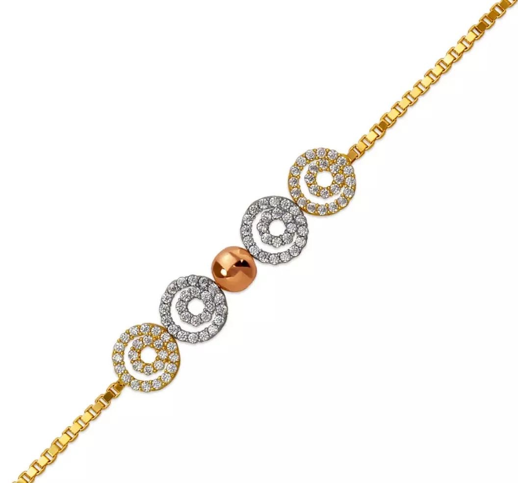 NEW 14K TRICOLOR GOLD LADIES HIGH POLISHED CZ BRACELET 8m: NEW 14K TRICOLOR GOLD LADIES HIGH POLISHED CZ BRACELET 8m 14K Tricolor Gold Approx. 8.0mm Center, 1.0mm Bracelet High Polished Cubic Zirconia Lobster Lock Length : 7" Inch Weight: 3.8 Grams