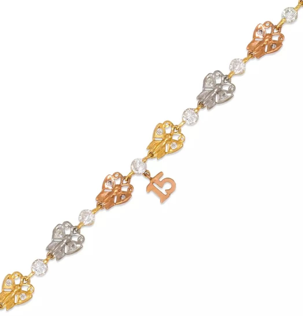 NEW 14K TRI COLOR GOLD FANCY 15 ANOS CZ BRACELET: NEW 14K TRI COLOR GOLD FANCY 15 ANOS CZ BRACELET 14K Tricolor Gold Approx. 7mm Wide, 12mm Center High Polished/Satin Finished/Cubic Zirconia Available in Yellow and White Gold Spring Lock Length : 7"
