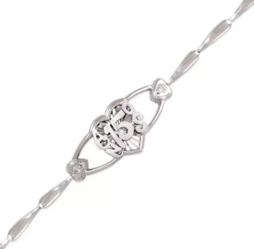 NEW 14KY WHITE GOLD FANCY 15 ANOS CZ BRACELET: NEW 14KY WHITE GOLD FANCY 15 ANOS CZ BRACELET 14K White Gold Approx. 2mm Wide, 13mm Center High Polished/Satin Finished/Cubic Zirconia Available in Yellow Gold H-Clasp Length : 7" Inch Weight: 8.2 Gra