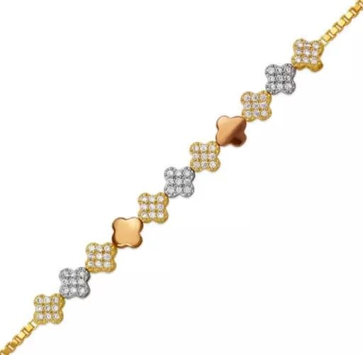 NEW 14K TRICOLOR GOLD LADIES HIGH POLISHED CZ BRACELET 6mm: NEW 14K TRICOLOR GOLD LADIES HIGH POLISHED CZ BRACELET 6mm 14K Tricolor Gold Approx. 6.0mm Center, 1.0mm Bracelet High Polished Cubic Zirconia Lobster Lock Length : 7" Inch Weight: 4.4 Grams