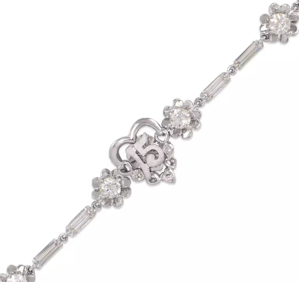NEW 14K WHITE GOLD FANCY 15 ANOS CZ BRACELET: NEW 14K WHITE GOLD FANCY 15 ANOS CZ BRACELET 14K White Gold Approx. 7mm Wide, 13mm Center High Polished/Satin Finished/Cubic Zirconia H-Clasp Length : 7" Inch Weight: 7.3 Grams