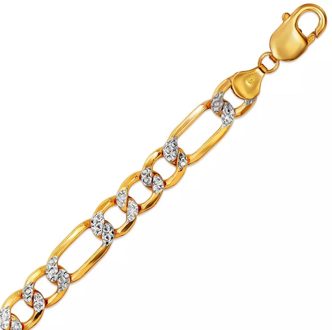 NEW 14K TWO TONE GOLD HOLLOW FIGARO WHITE PAVE BRACELET 9mm (1 of 2)