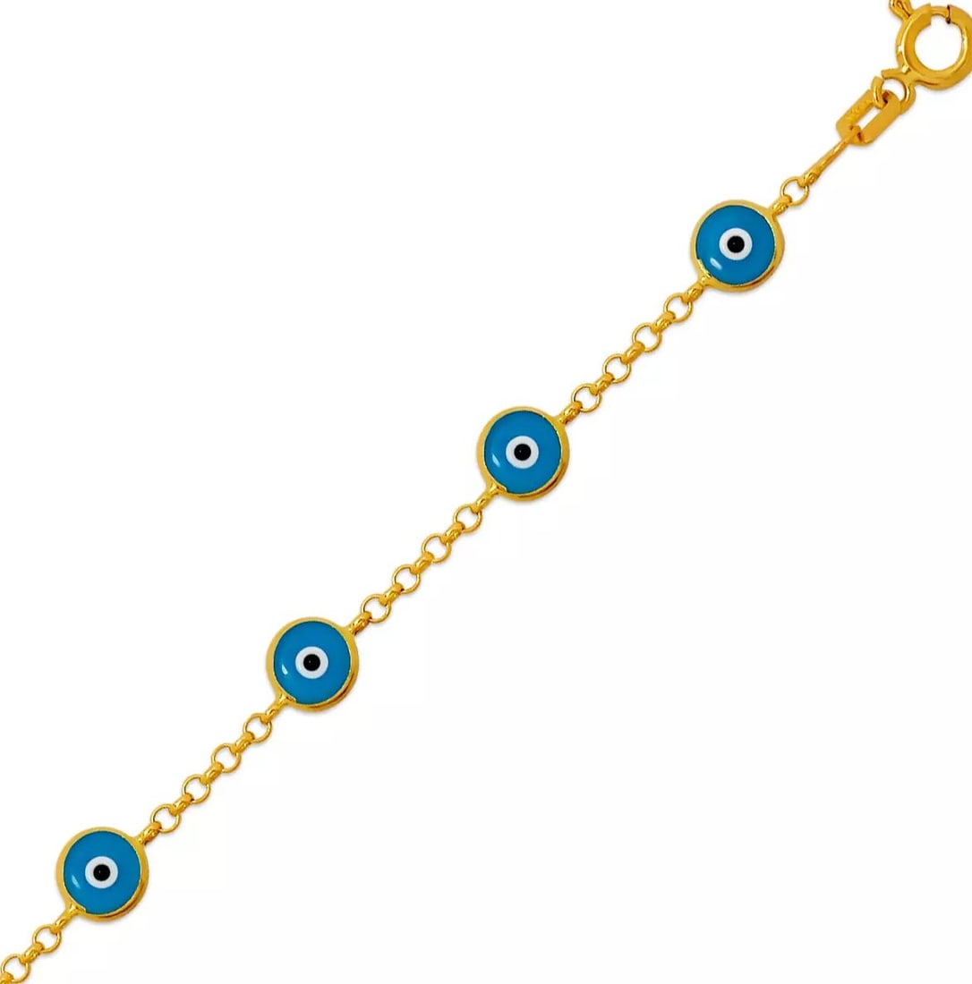 NEW 14K YELLOW GOLD EVIL EYE BRACELET 6mm: NEW 14K YELLOW GOLD EVIL EYE BRACELET 6mm 14K Yellow Gold Approx. 6.0mm Wide High Polished Enamel Spring Lock Length : 6" Inch Weight: 2.0 Grams