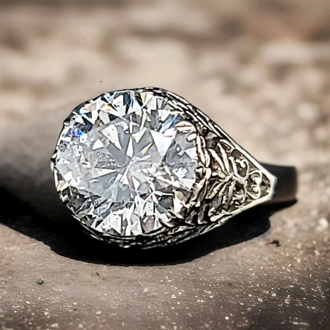 14K WHITE GOLD VINTAGE FILIGREE ENGAGEMENT RING 5.33CT. NATURAL ROUND DIAMOND (1 of 2)