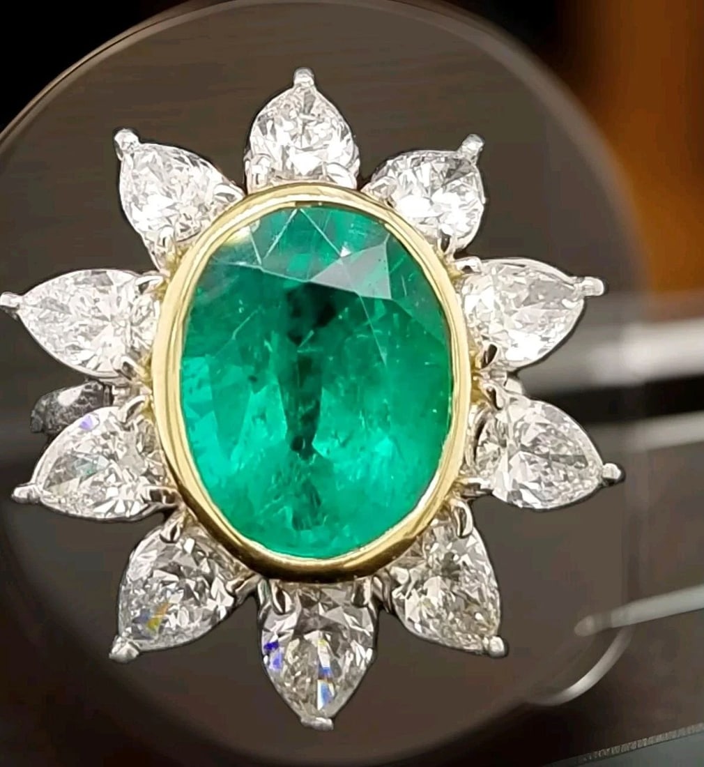 PLATINUM & 18K YELLOW GOLD RING 4.58CT. NATURAL GREEN EMERALD OVAL CUT GIA (1 of 2)