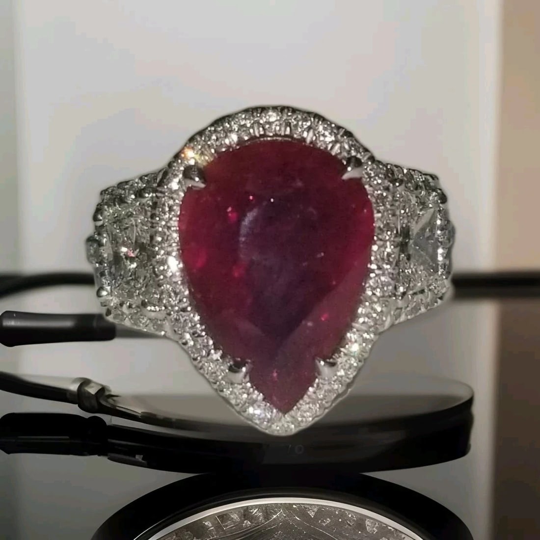 PLATINUM ENGAGEMENT RING 5.07CT. NATURAL GEM RUBY PEAR SHAPE (1 of 2)