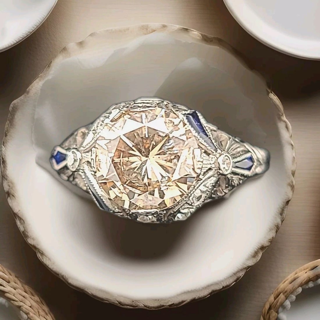 18K WHITE GOLD VINTAGE FILIGREE ENGAGEMENT RING 2.65CT ROUND CHAMPAGNE DIAMOND: 18K WHITE GOLD VINTAGE FILIGREE ENGAGEMENT RING 2.65CT ROUND CHAMPAGNE DIAMOND Gorgeous Vintage art deco filigree 18k white gold Engagement ring ROUND CUT champagne Diamond circ 1920's center natural