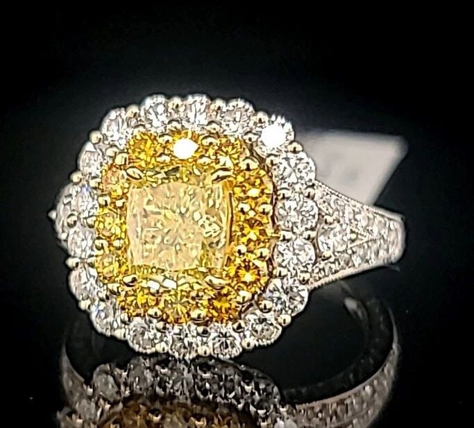 PLATINUM 18K YELLOW RING NATURAL FANCY YELLOW CUSHION DIAMOND 1.31CT GIA CERT. (1 of 2)