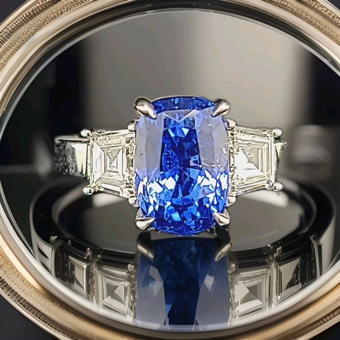 18K WHITE GOLD ENGAGEMENT RING 5.50CT. FLAWLESS NATURAL BLUE SAPPHIRE CUSHION: 18K WHITE GOLD ENGAGEMENT RING 5.50CT. FLAWLESS NATURAL BLUE SAPPHIRE CUSHION GORGEOUS 18K WHITE GOLD engagement ring natural blue sapphire in cushion shape center weight 5.50carat . size 10.6x7.2mm v