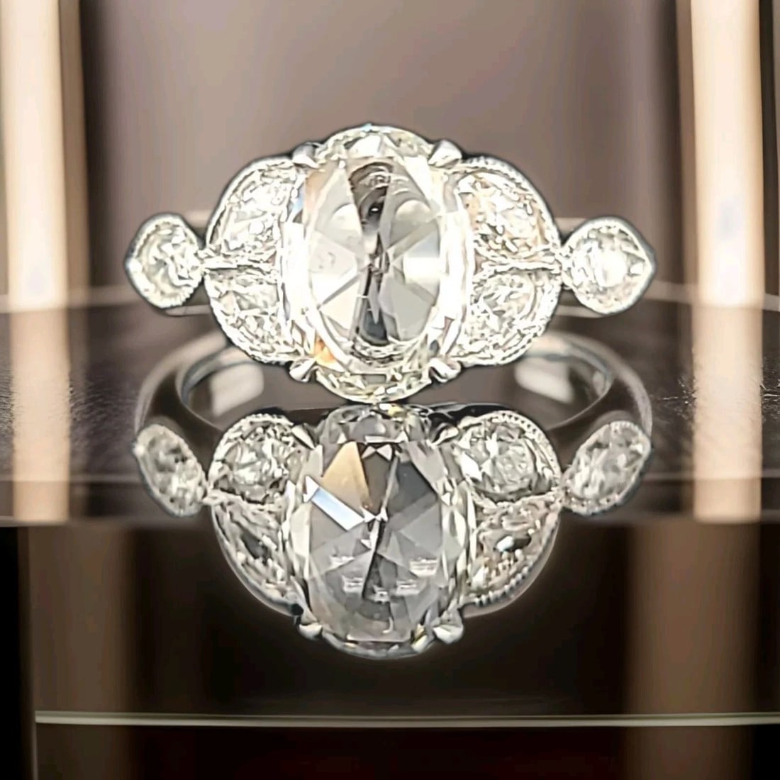 VINTAGE PLATINUM ENGAGEMENT RING 1.48CT.NATURAL OVAL ROSE CUT DIAMOND (1 of 2)