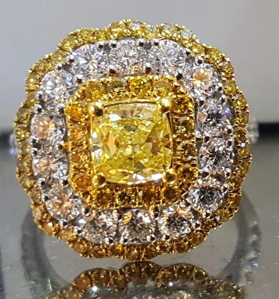 18K WHITE GOLD RING NATURAL FANCY INTENSE YELLOW RADIANT DIAMOND 2.65CT (1 of 2)
