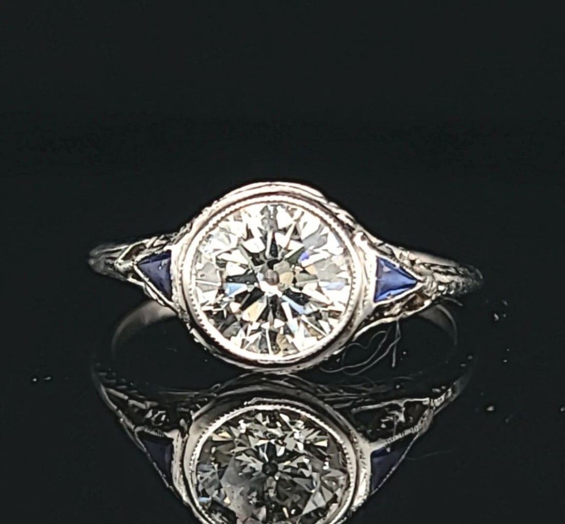 1.42CT VINTAGE FILIGREE OLD EURO CUT DIAMOND 18K WHITE GOLD ENGAGEMENT RING: 1.42CT VINTAGE FILIGREE OLD EURO CUT DIAMOND 18K WHITE GOLD ENGAGEMENT RING Gorgeous Vintage 18k white gold Engagement ring filigree art deco ROUND OLD euro CUT Diamond center set natural old euro cut