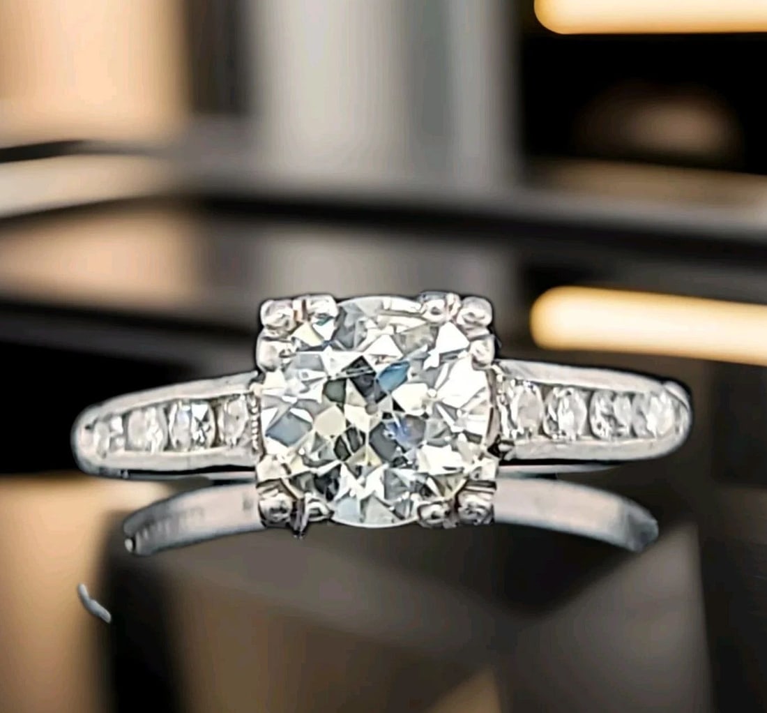 VINTAGE PLATINUM ENGAGEMENT RING 1.59CT. NATURAL ROUND OLD EURO CUT DIAMOND: VINTAGE PLATINUM ENGAGEMENT RING 1.59CT. NATURAL ROUND OLD MINE CUT Vintage Art Deco ROUND OLD mine CUT Diamond Platinum ring rare Art Deco ring is finely crafted in Platinum and set center old mine c