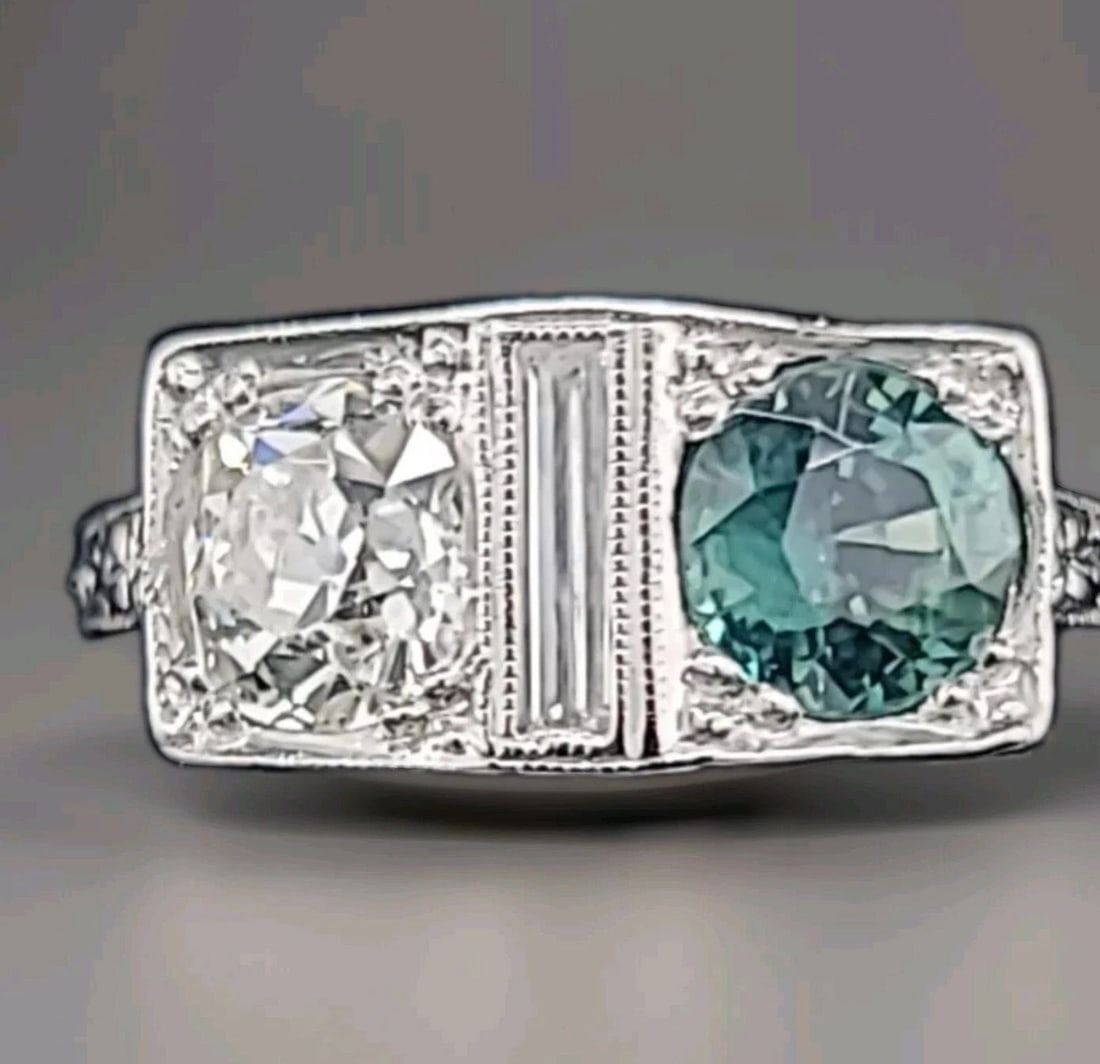 PLATINUM VINTAGE ENGAGEMENT RING 2.30CT.NATURAL TEAL SAPPHIRE EURO CUT DIAMOND: PLATINUM VINTAGE ENGAGEMENT RING 2.30CT.NATURAL TEAL SAPPHIRE EURO CUT DIAMOND Gorgeous Vintage art deco filigree Teal sapphire and old mine cut diamond platinum ring circa 1930's center natural teal